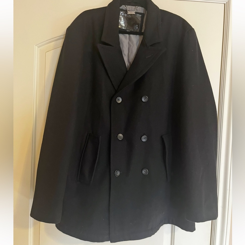 Beautiful Guess Black Wool Men’s Pea Coat XXL